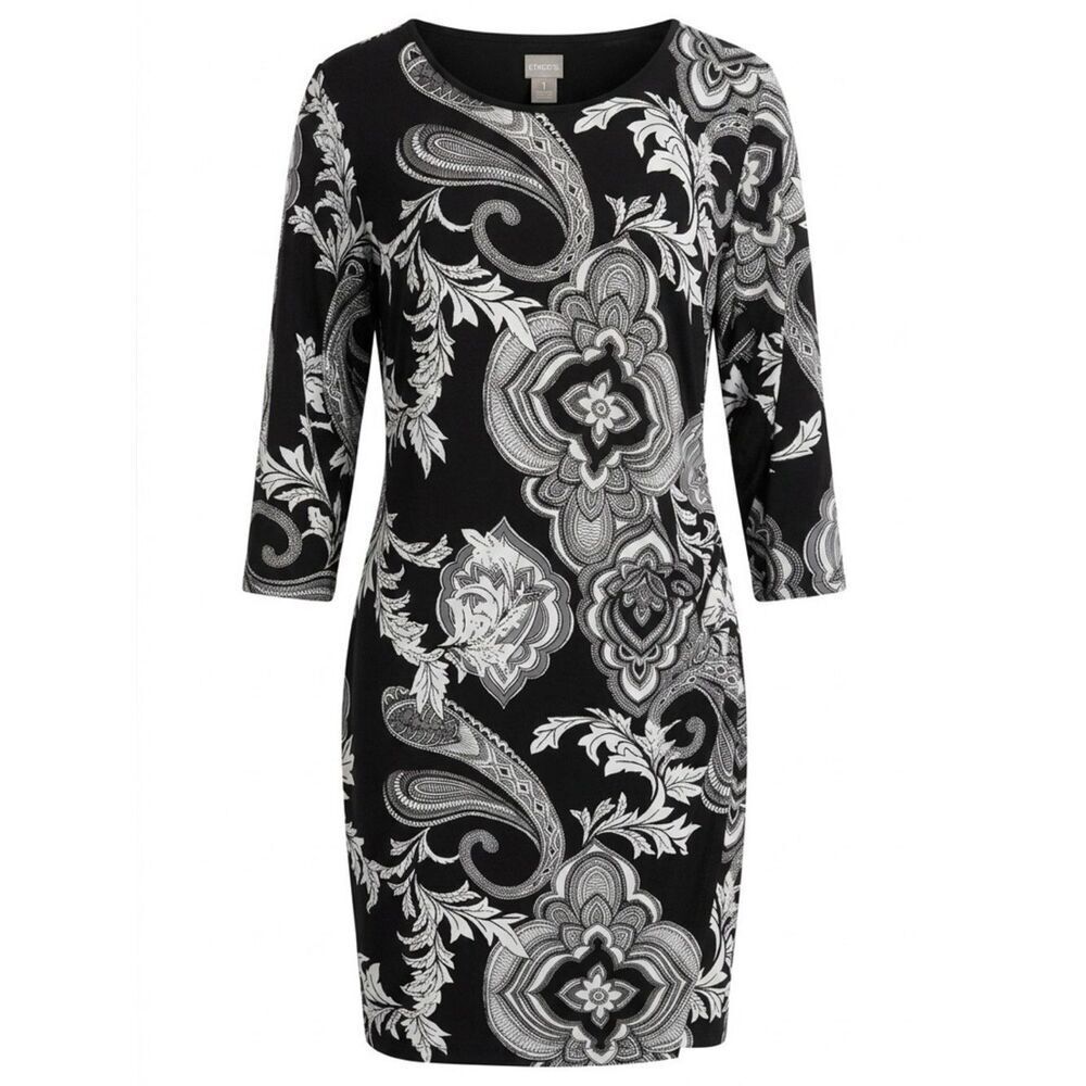 Black & White Paisley-Print Ruched Dress